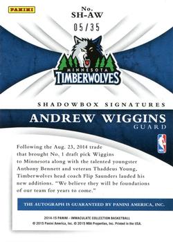 2014-15 Panini Immaculate Collection - Shadowbox Signatures #SH-AW Andrew Wiggins Back
