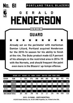 2015-16 Hoops #61 Gerald Henderson Back