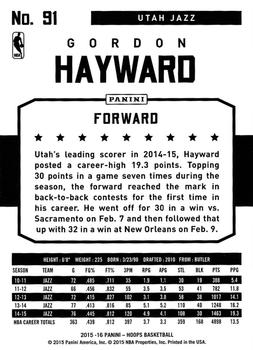 2015-16 Hoops #91 Gordon Hayward Back