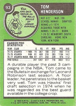1977-78 Topps - White Backs #93 Tom Henderson Back