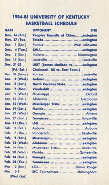 1984-85 Kentucky Wildcats Schedules #NNO Bret Bearup Back
