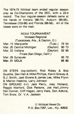 1977-78 Kentucky Wildcats News #3 1975 NCAA Runners-Up Back