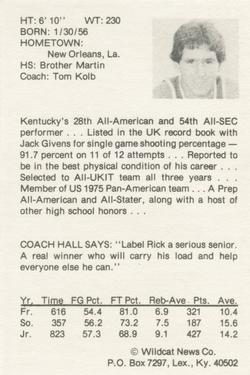 1977-78 Kentucky Wildcats News #19 Rick Robey Back