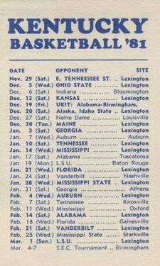 1980-81 Kentucky Wildcats Schedules #NNO Dicky Beal Back