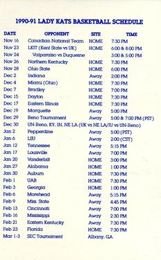 1990-91 Kentucky Lady Kats Schedules #NNO Kayla Campbell Back