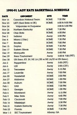 1990-91 Kentucky Lady Kats Schedules #NNO Kristi Cushenberry / Tracye Davis / Stacy McIntyre Back