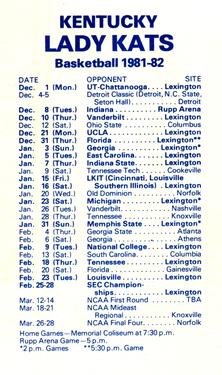 1981-82 Kentucky Lady Kats Schedules #NNO Lori Edgington Back