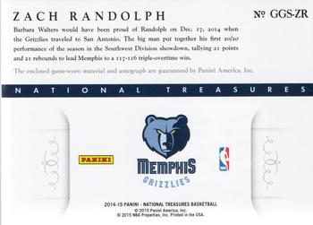 2014-15 Panini National Treasures - NBA Game Gear Signatures Prime #GGS-ZR Zach Randolph Back