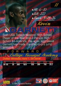 1996 Signature Rookies Supreme #11 Kevin Garnett Back