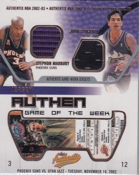 2002-03 Fleer Authentix - Jersey Authentix Game of the Week Unripped #SM-JS Stephon Marbury / John Stockton Front