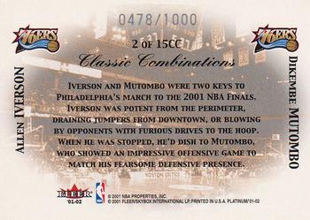 2001-02 Fleer Platinum - Classic Combinations #2CC Allen Iverson / Dikembe Mutombo Back