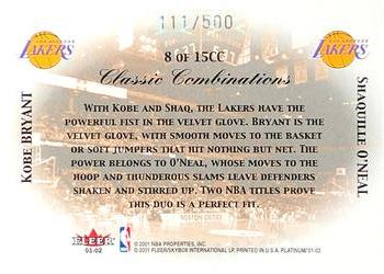 2001-02 Fleer Platinum - Classic Combinations #8CC Kobe Bryant / Shaquille O'Neal Back