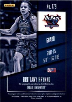 2015 Panini Contenders Draft Picks #179 Brittany Hrynko Back