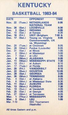 1983-84 Kentucky Wildcats Schedules #NNOa Joe B. Hall Back
