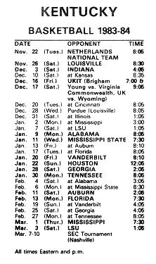 1983-84 Kentucky Wildcats Schedules #NNOb Joe B. Hall Back