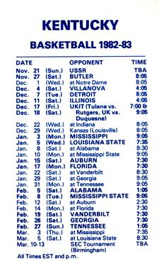 1982-83 Kentucky Wildcats Schedules #NNOa Joe B. Hall Back