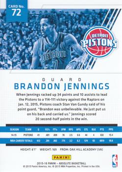 2015-16 Panini Absolute #72 Brandon Jennings Back