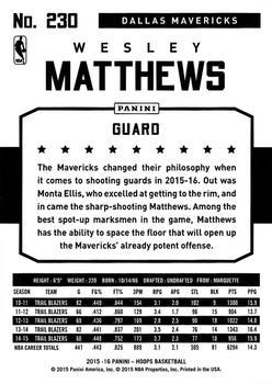 2015-16 Hoops - Green #230 Wesley Matthews Back