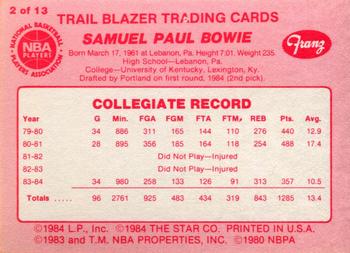1984-85 Star Franz Portland Trail Blazers #2 Sam Bowie Back