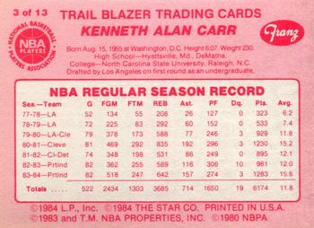 1984-85 Star Franz Portland Trail Blazers #3 Kenny Carr Back