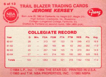 1984-85 Star Franz Portland Trail Blazers #6 Jerome Kersey Back