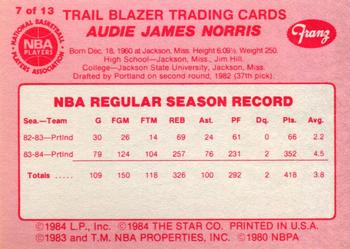 1984-85 Star Franz Portland Trail Blazers #7 Audie Norris Back