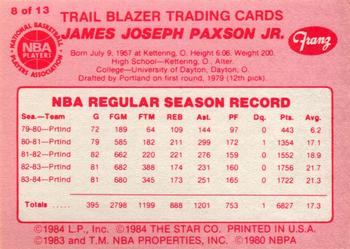 1984-85 Star Franz Portland Trail Blazers #8 Jim Paxson Back
