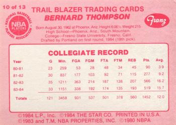 1984-85 Star Franz Portland Trail Blazers #10 Bernard Thompson Back