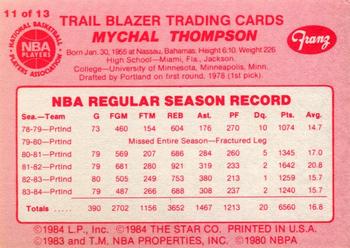 1984-85 Star Franz Portland Trail Blazers #11 Mychal Thompson Back