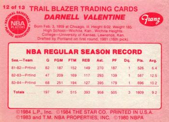 1984-85 Star Franz Portland Trail Blazers #12 Darnell Valentine Back