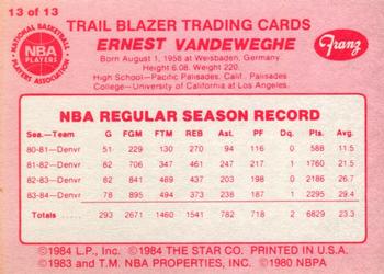 1984-85 Star Franz Portland Trail Blazers #13 Kiki Vandeweghe Back