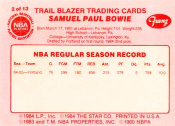 1985-86 Star Franz Portland Trail Blazers #2 Sam Bowie Back