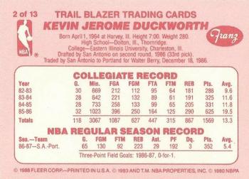 1987-88 Fleer Franz Portland Trail Blazers #2 Kevin Duckworth Back