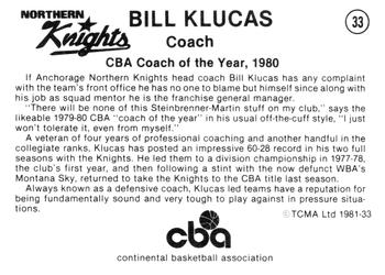 1980-81 TCMA CBA #33 Bill Klucas Back