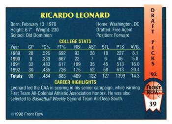 1992 Front Row Draft Picks - Gold #39 Ricardo Leonard Back