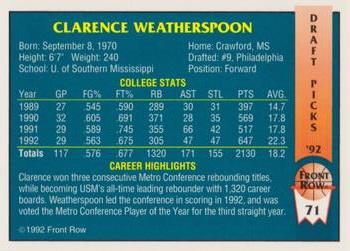 1992 Front Row Draft Picks - Gold #71 Clarence Weatherspoon Back