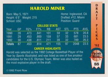 1992 Front Row Draft Picks - Gold #88 Harold Miner Back