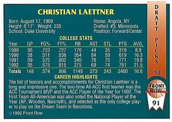 1992 Front Row Draft Picks - Gold #91 Christian Laettner Back