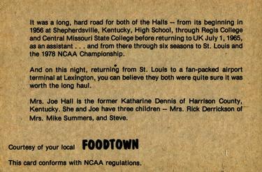 1978-79 Foodtown Kentucky Wildcats #1 Joe B. Hall Back