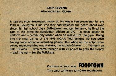 1978-79 Foodtown Kentucky Wildcats #3 Jack Givens Back