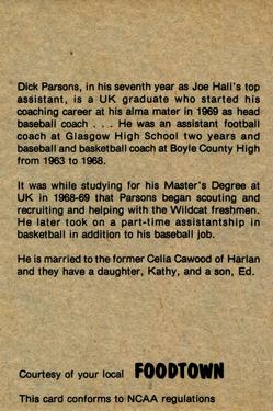 1978-79 Foodtown Kentucky Wildcats #20 Dick Parsons Back
