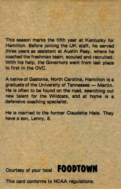 1978-79 Foodtown Kentucky Wildcats #21 Leonard Hamilton Back