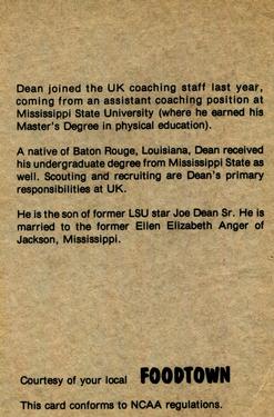 1978-79 Foodtown Kentucky Wildcats #22 Joe Dean Back