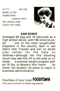 1979-80 Foodtown Kentucky Wildcats #11 Sam Bowie Back
