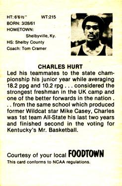 1979-80 Foodtown Kentucky Wildcats #12 Charles Hurt Back