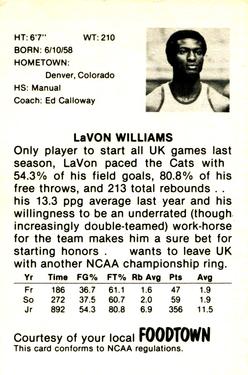 1979-80 Foodtown Kentucky Wildcats #4 LaVon Williams Back