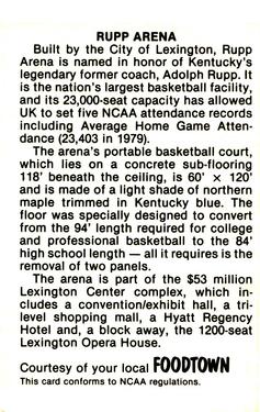 1979-80 Foodtown Kentucky Wildcats #19 Rupp Arena Back