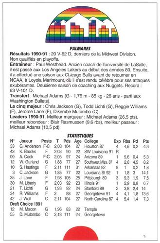 1991-93 5 Majeur Magazine France #NNO Denver Nuggets Back