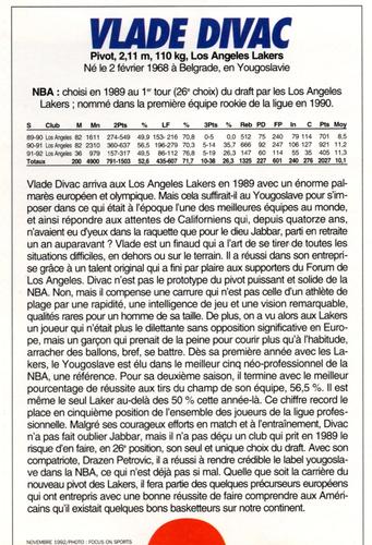 1991-93 5 Majeur Magazine France #NNO Vlade Divac Back