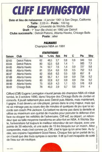 1991-93 5 Majeur Magazine France #NNO Cliff Levingston Back